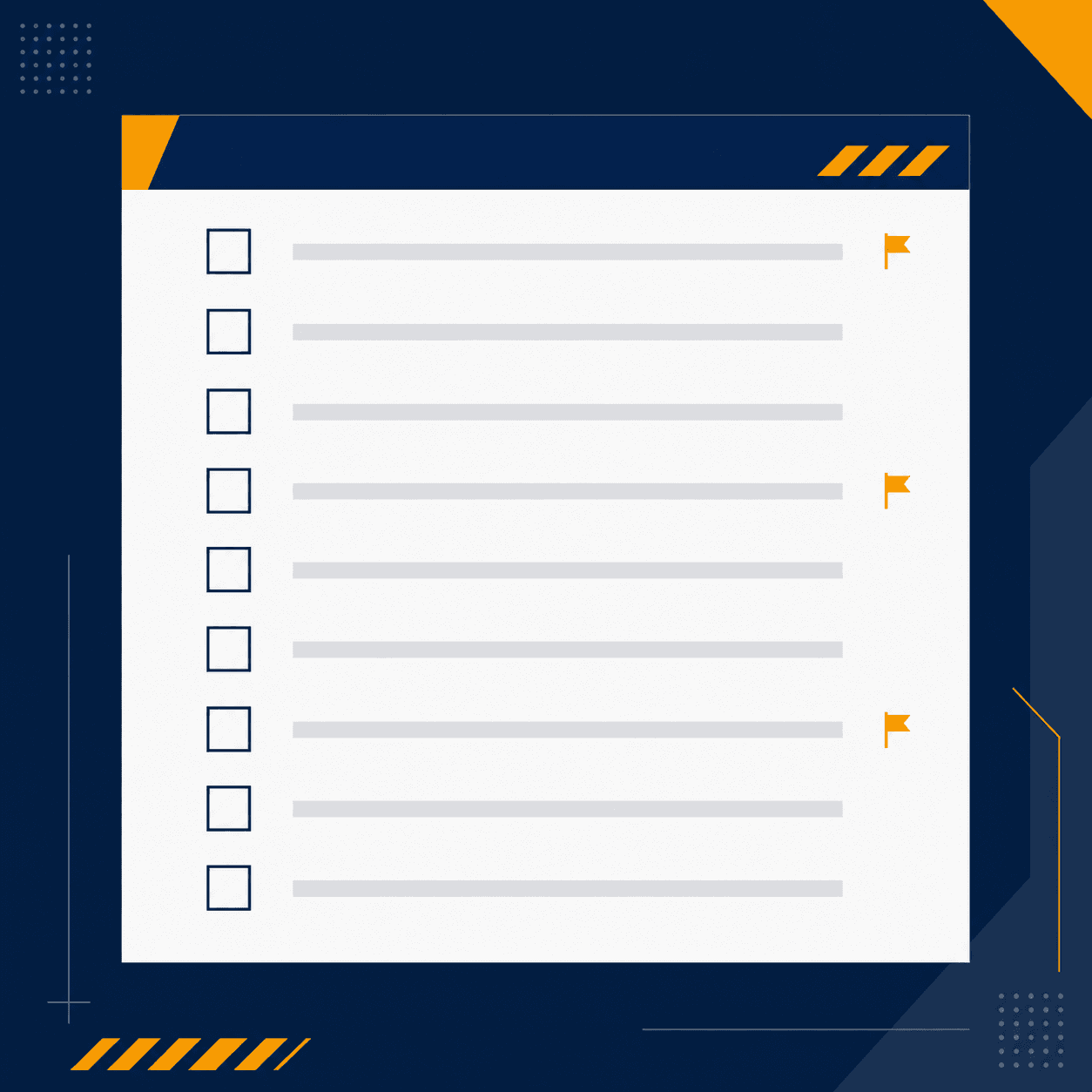 Checklist panel with rows of empty checkboxes and three amber flagged rows