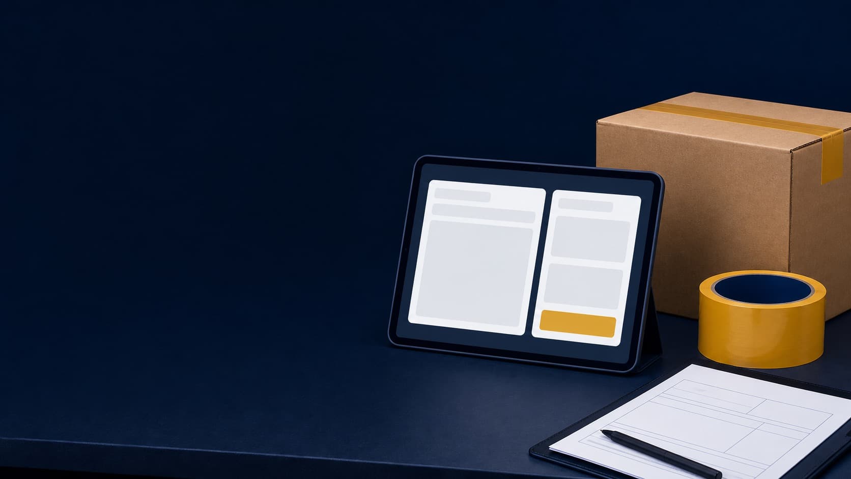 Freight documentation bench with a tablet showing a two-pane document workspace beside a sealed shipping carton and hazard tape