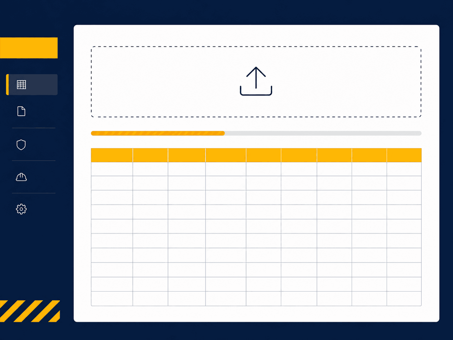 Spreadsheet import screen with a wide table of empty cells, a highlighted header row and an upload drop zone