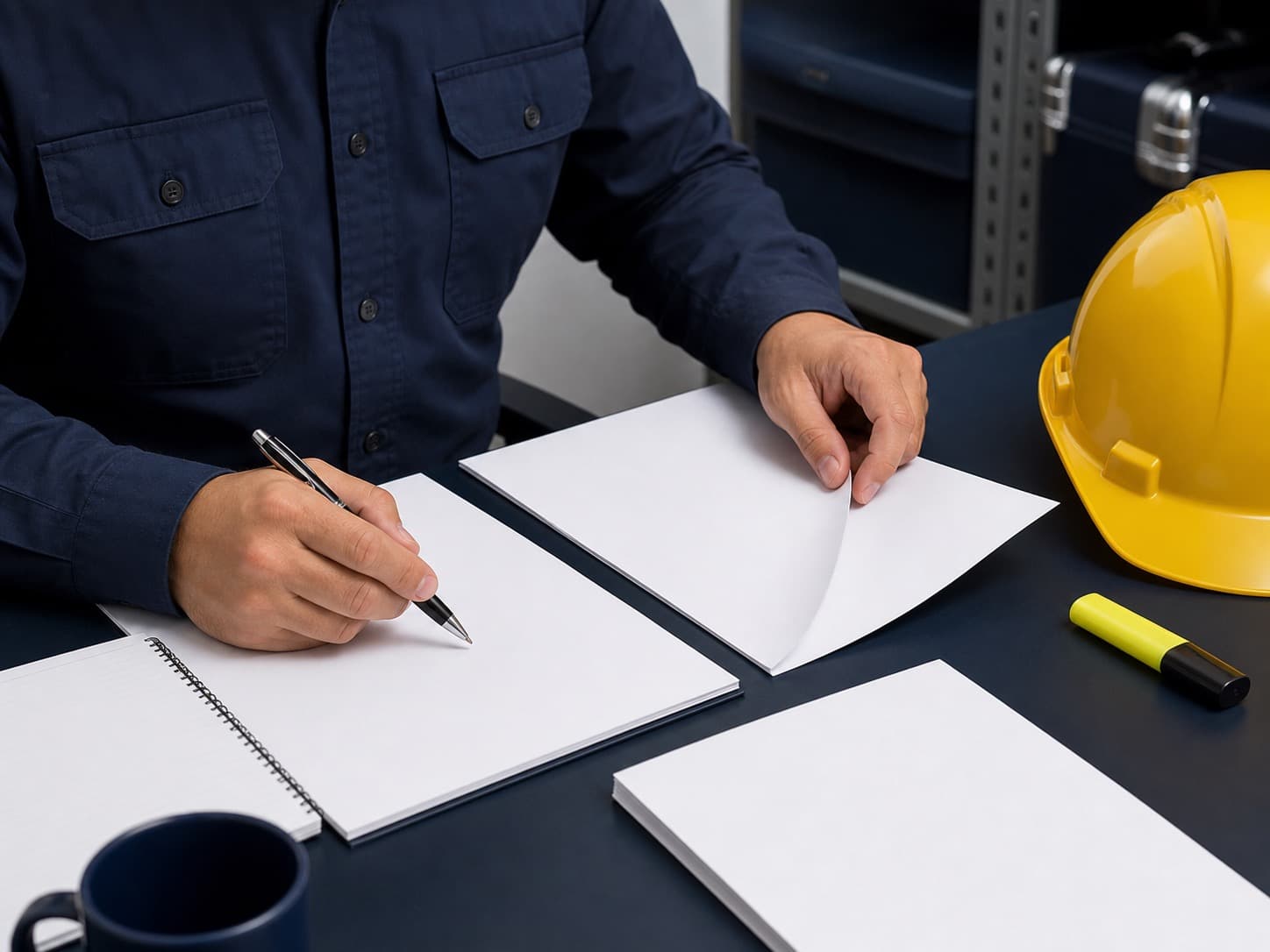 Safety officer at a desk reviewing printed documents with a pen and highlighter